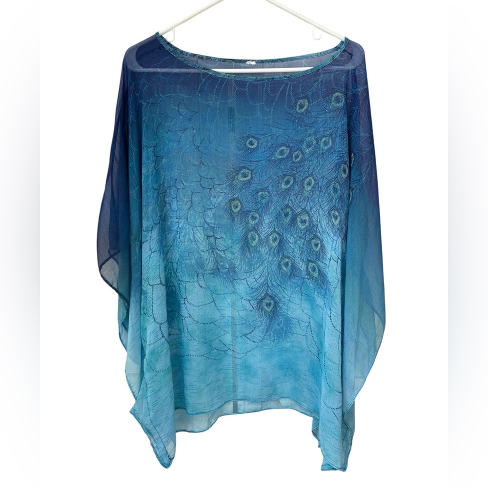 Silky Peacock Print Tunic Top Cover Up Rhinestones Sheer Coastal Resort Beach